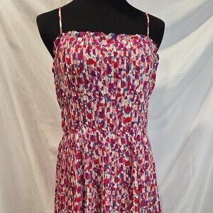 Lucy Paris Dress Floral Pleated Size Medium Red Purple Ruffles Adjustable Straps